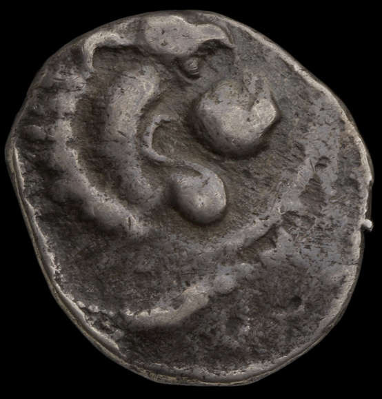 Εμπροσθότυπος 'SilCoinCy A1802, acc.no.: HCR7172. Silver coin of king Wroikos of Amathous 350 ? BC - . Weight: 2.00g, Axis: 3h, Diameter: 14mm. Obverse type: Lion's head r.. Obverse symbol: -. Obverse legend: - in -. Reverse type: Lion forepart r.. Reverse symbol: -. Reverse legend: ro in Cypriot syllabic.