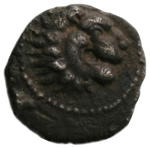 Εμπροσθότυπος 'SilCoinCy A1803, acc.no.: . Silver coin of king Wroikos of Amathous 350 ? BC - . Weight: 1.97g, Axis: 12h, Diameter: 15mm. Obverse type: Lion's head r.. Obverse symbol: -. Obverse legend: - in -. Reverse type: Lion forepart r.. Reverse symbol: -. Reverse legend: ro in Cypriot syllabic.