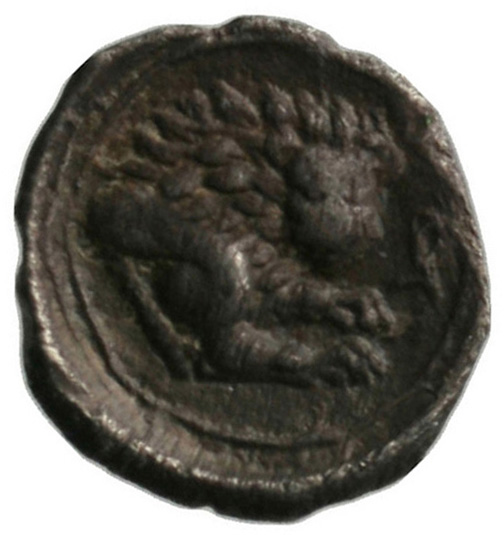 Οπισθότυπος 'SilCoinCy A1803, acc.no.: . Silver coin of king Wroikos of Amathous 350 ? BC - . Weight: 1.97g, Axis: 12h, Diameter: 15mm. Obverse type: Lion's head r.. Obverse symbol: -. Obverse legend: - in -. Reverse type: Lion forepart r.. Reverse symbol: -. Reverse legend: ro in Cypriot syllabic.