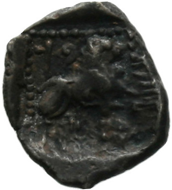 Reverse 'SilCoinCy A1805, acc.no.: . Silver coin of king Baalmilk I of Kition 475 - 450 BC. Weight: 0.86g, Axis: 7h, Diameter: 11mm. Obverse type: Heracles head r. bearded with lion skin . Obverse symbol: -. Obverse legend: - in -. Reverse type: Lion seated r.. Reverse symbol: -. Reverse legend: bl in Phoenician. 'BMC Cyprus, A Catalogue of the Greek Coins in the British Museum, Cyprus'.