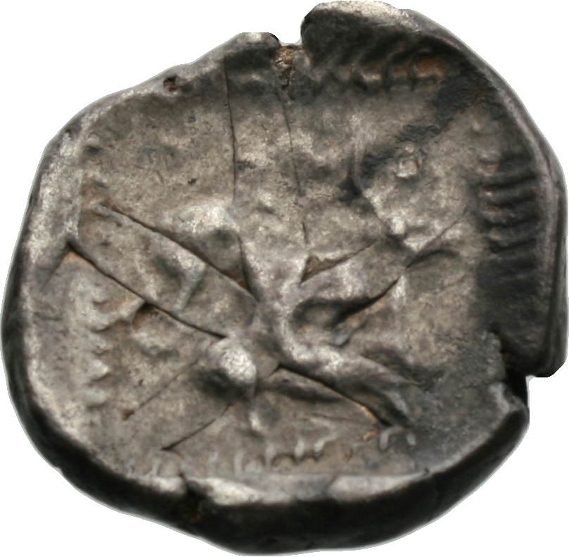 Οπισθότυπος 'SilCoinCy A1811, acc.no.: . Silver coin of king Ozibaal of Kition 450 - 425 BC. Weight: 10.93g, Axis: 3h, Diameter: 24mm. Obverse type: Heracles advancing r. holding club and bow. Obverse symbol: -. Obverse legend: - in -. Reverse type: Lion devouring stag r.. Reverse symbol: -. Reverse legend: - in -.