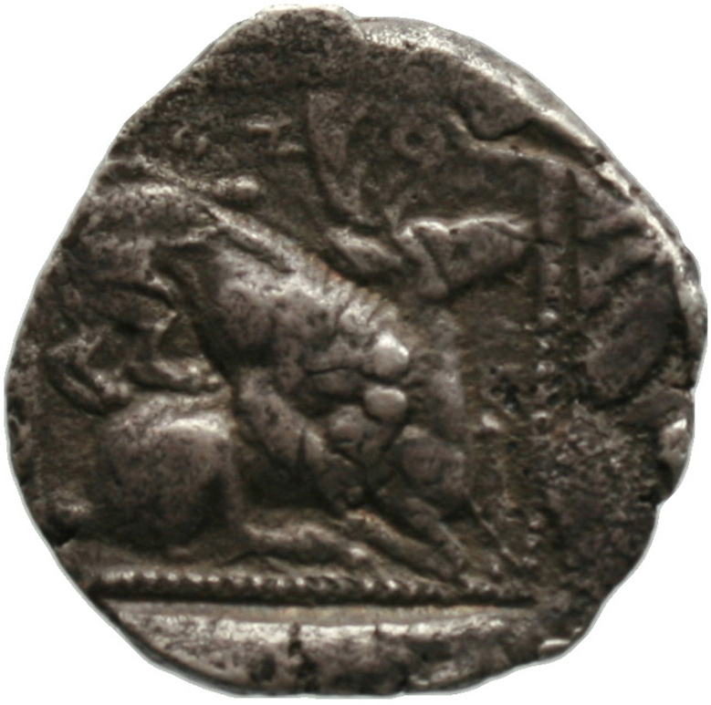 Οπισθότυπος 'SilCoinCy A1812, acc.no.: . Silver coin of king  of  . Weight: 10.89g, Axis: 3h, Diameter: 23mm. Obverse type: Heracles advancing r. holding club and bow. Obverse symbol: -. Obverse legend: - in -. Reverse type: Lion devouring stag r.. Reverse symbol: -. Reverse legend: b'z in Phoenician. 'BMC Cyprus, A Catalogue of the Greek Coins in the British Museum, Cyprus'.