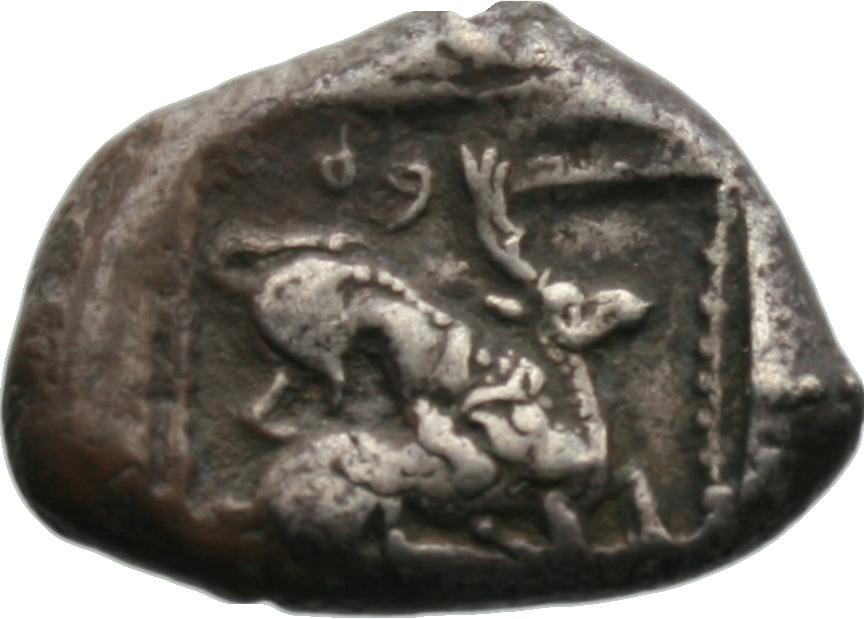 Οπισθότυπος 'SilCoinCy A1813, acc.no.: . Silver coin of king Ozibaal of Kition 450 - 425 BC. Weight: 11.03g, Axis: 6h, Diameter: 25mm. Obverse type: Heracles advancing r. holding club and bow. Obverse symbol: -. Obverse legend: - in -. Reverse type: Lion devouring stag r.. Reverse symbol: -. Reverse legend: b' in phoenician. 'BMC Cyprus, A Catalogue of the Greek Coins in the British Museum, Cyprus'.