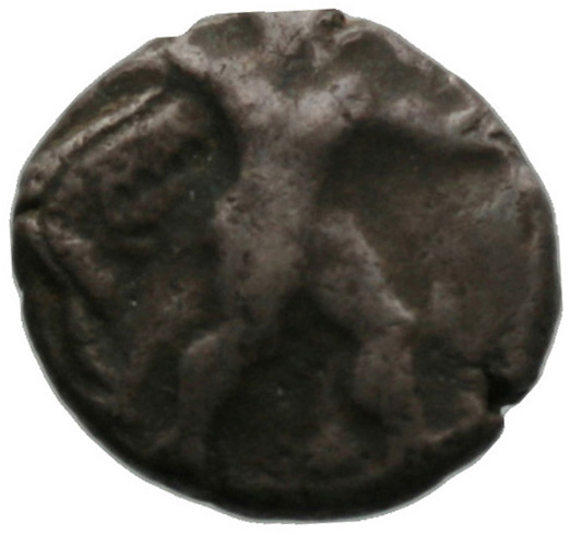 Obverse 'SilCoinCy A1814, acc.no.: . Silver coin of king Ozibaal of Kition 450 - 425 BC. Weight: 3.62g, Axis: 5h, Diameter: 15mm. Obverse type: Heracles advancing r. holding club and bow. Obverse symbol: -. Obverse legend: - in -. Reverse type: Lion devouring stag r.. Reverse symbol: -. Reverse legend: l'z in Phoenician. 'BMC Cyprus, A Catalogue of the Greek Coins in the British Museum, Cyprus'.