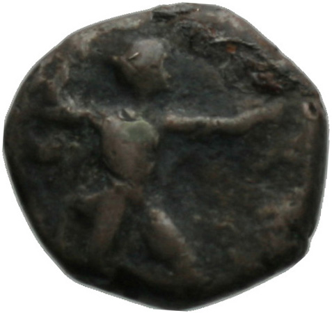 Εμπροσθότυπος 'SilCoinCy A1817, acc.no.: . Silver coin of king Milkyaton of Kition 392 - 362 BC. Weight: 3.31g, Axis: 9h, Diameter: 14mm. Obverse type: Heracles advancing r. holding club and bow. Obverse symbol: -. Obverse legend: - in -. Reverse type: Lion devouring stag r.. Reverse symbol: -. Reverse legend: ml in Phoenician. 'BMC Cyprus, A Catalogue of the Greek Coins in the British Museum, Cyprus'.