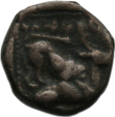 Οπισθότυπος 'SilCoinCy A1817, acc.no.: . Silver coin of king Milkyaton of Kition 392 - 362 BC. Weight: 3.31g, Axis: 9h, Diameter: 14mm. Obverse type: Heracles advancing r. holding club and bow. Obverse symbol: -. Obverse legend: - in -. Reverse type: Lion devouring stag r.. Reverse symbol: -. Reverse legend: ml in Phoenician. 'BMC Cyprus, A Catalogue of the Greek Coins in the British Museum, Cyprus'.