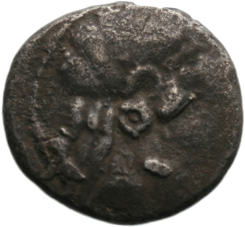 Obverse 'SilCoinCy A1822, acc.no.: . Silver coin of king Uncertain king of Lapethos of Lapethos 500 - 470 BC. Weight: 10.45g, Axis: 6h, Diameter: 23mm. Obverse type: Female head r. with long hair and circular earring. Obverse symbol: -. Obverse legend: - in -. Reverse type: Athena head l. with corinthian helmet. Reverse symbol: -. Reverse legend: - in -.