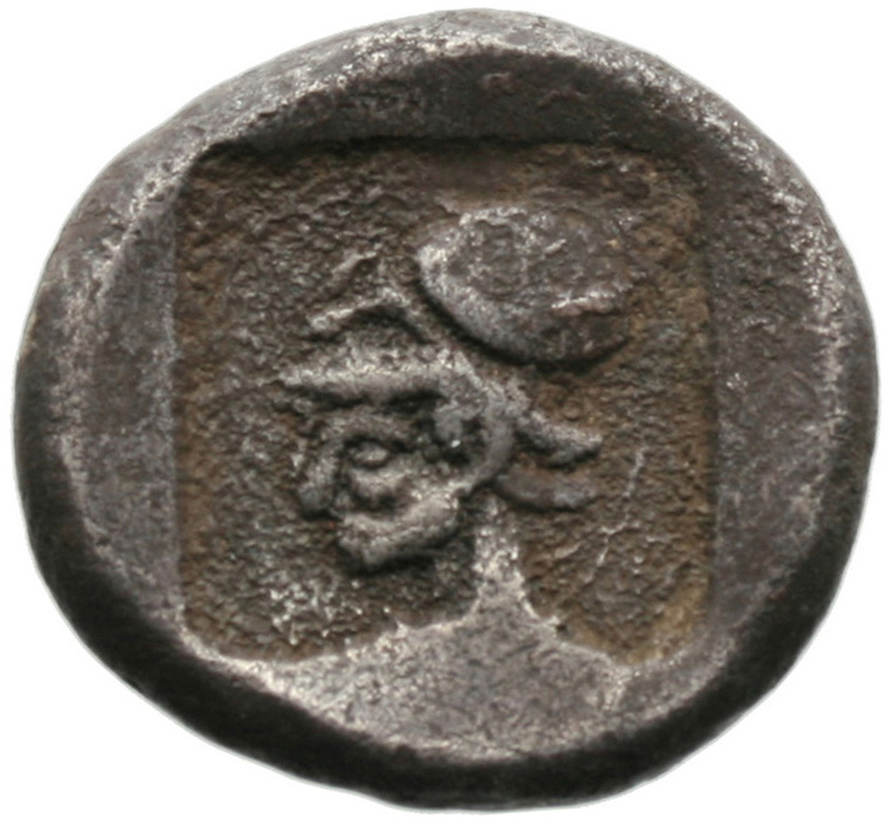 Reverse 'SilCoinCy A1822, acc.no.: . Silver coin of king Uncertain king of Lapethos of Lapethos 500 - 470 BC. Weight: 10.45g, Axis: 6h, Diameter: 23mm. Obverse type: Female head r. with long hair and circular earring. Obverse symbol: -. Obverse legend: - in -. Reverse type: Athena head l. with corinthian helmet. Reverse symbol: -. Reverse legend: - in -.