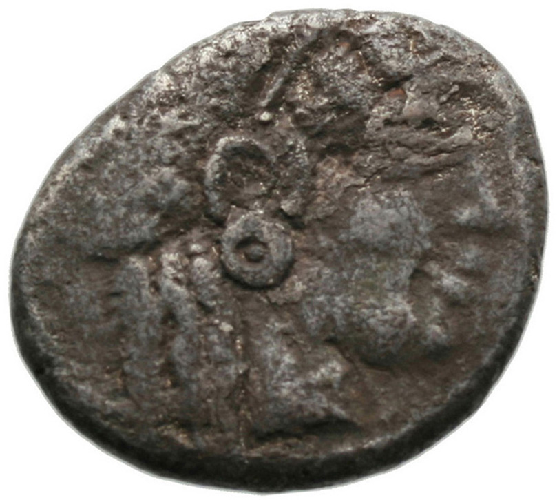 Obverse 'SilCoinCy A1823, acc.no.: . Silver coin of king Uncertain king of Lapethos of Lapethos 500 - 470 BC. Weight: 10.49g, Axis: 12h, Diameter: 23mm. Obverse type: Female head r. with long hair and circular earring. Obverse symbol: -. Obverse legend: - in -. Reverse type: Athena head r. with corinthian helmet. Reverse symbol: -. Reverse legend: - in -.