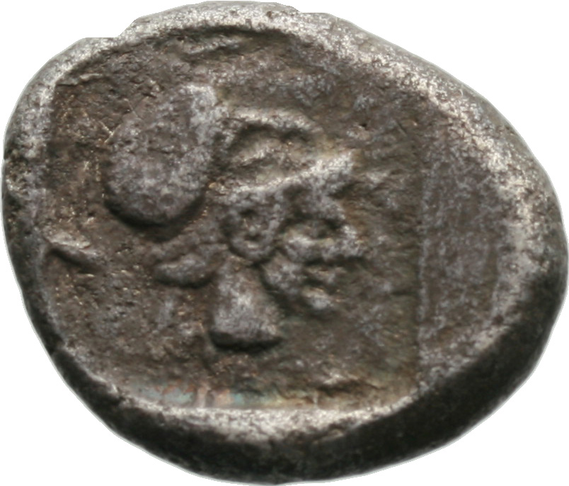 Reverse 'SilCoinCy A1823, acc.no.: . Silver coin of king Uncertain king of Lapethos of Lapethos 500 - 470 BC. Weight: 10.49g, Axis: 12h, Diameter: 23mm. Obverse type: Female head r. with long hair and circular earring. Obverse symbol: -. Obverse legend: - in -. Reverse type: Athena head r. with corinthian helmet. Reverse symbol: -. Reverse legend: - in -.