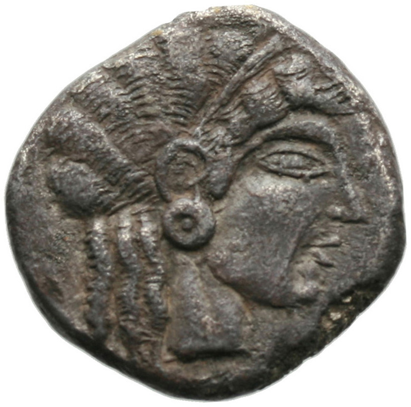 Εμπροσθότυπος 'SilCoinCy A1824, acc.no.: . Silver coin of king Uncertain king of Lapethos of Lapethos 500 - 470 BC. Weight: 10.48g, Axis: 12h, Diameter: 23mm. Obverse type: Female head r. with long hair and circular earring. Obverse symbol: -. Obverse legend: - in -. Reverse type: Athena head r. with corinthian helmet. Reverse symbol: -. Reverse legend: - in -. 'BMC Cyprus, A Catalogue of the Greek Coins in the British Museum, Cyprus'.