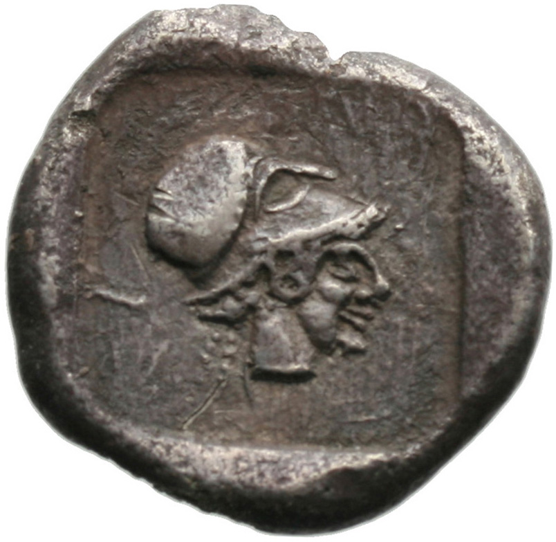 Οπισθότυπος 'SilCoinCy A1824, acc.no.: . Silver coin of king Uncertain king of Lapethos of Lapethos 500 - 470 BC. Weight: 10.48g, Axis: 12h, Diameter: 23mm. Obverse type: Female head r. with long hair and circular earring. Obverse symbol: -. Obverse legend: - in -. Reverse type: Athena head r. with corinthian helmet. Reverse symbol: -. Reverse legend: - in -. 'BMC Cyprus, A Catalogue of the Greek Coins in the British Museum, Cyprus'.