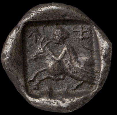 Οπισθότυπος 'SilCoinCy A1825, acc.no.: . Silver coin of king Timocharis of Marion 400 - 380 BC. Weight: 0.81g, Axis: 2h, Diameter: 9mm. Obverse type: Apollo head r. with laurel wreath. Obverse symbol: -. Obverse legend: - in -. Reverse type: Female figure (Aphrodite ?) riding bull r., within incuse square. Reverse symbol: -. Reverse legend: pa-ti in Cypriot syllabic. 'BMC Cyprus, A Catalogue of the Greek Coins in the British Museum, Cyprus'.