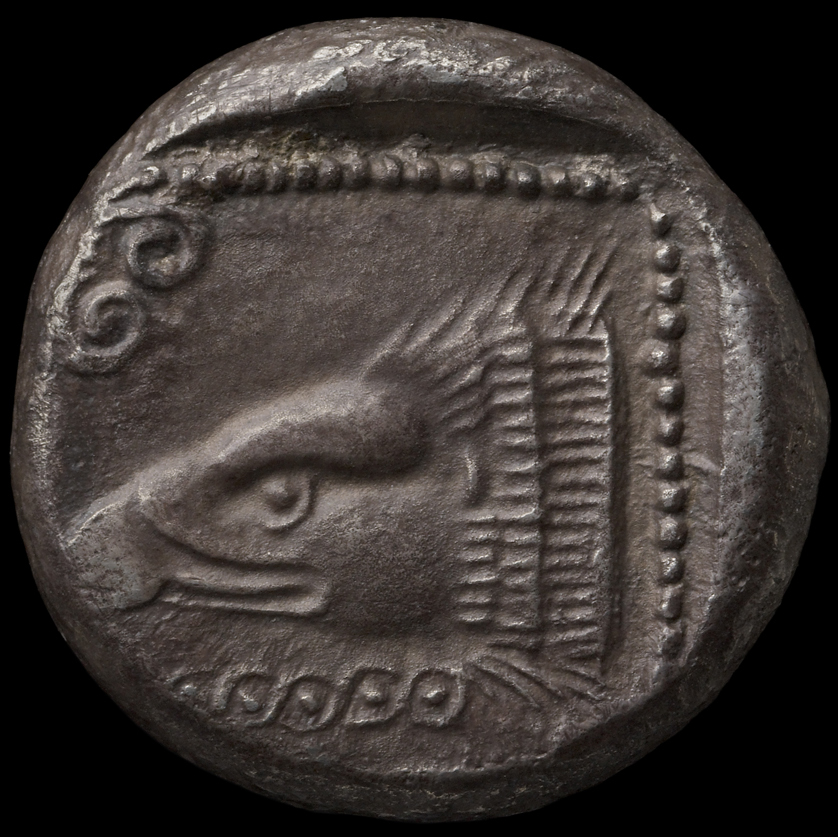 Reverse 'SilCoinCy A1827, acc.no.: HCR 7171. Silver coin of king Uncertain king of Paphos (archaic) of Paphos 525 BC - 480 BC. Weight: 10.65g, Axis: 12h, Diameter: 22mm. Obverse type: Bull standing l. on exergual line. Obverse symbol: -. Obverse legend: - in -. Reverse type: Eagle’s head l. in incuse square; below, guilloche pattern. Reverse symbol: -. Reverse legend: - in -. 'BMC Cyprus, A Catalogue of the Greek Coins in the British Museum, Cyprus'.
