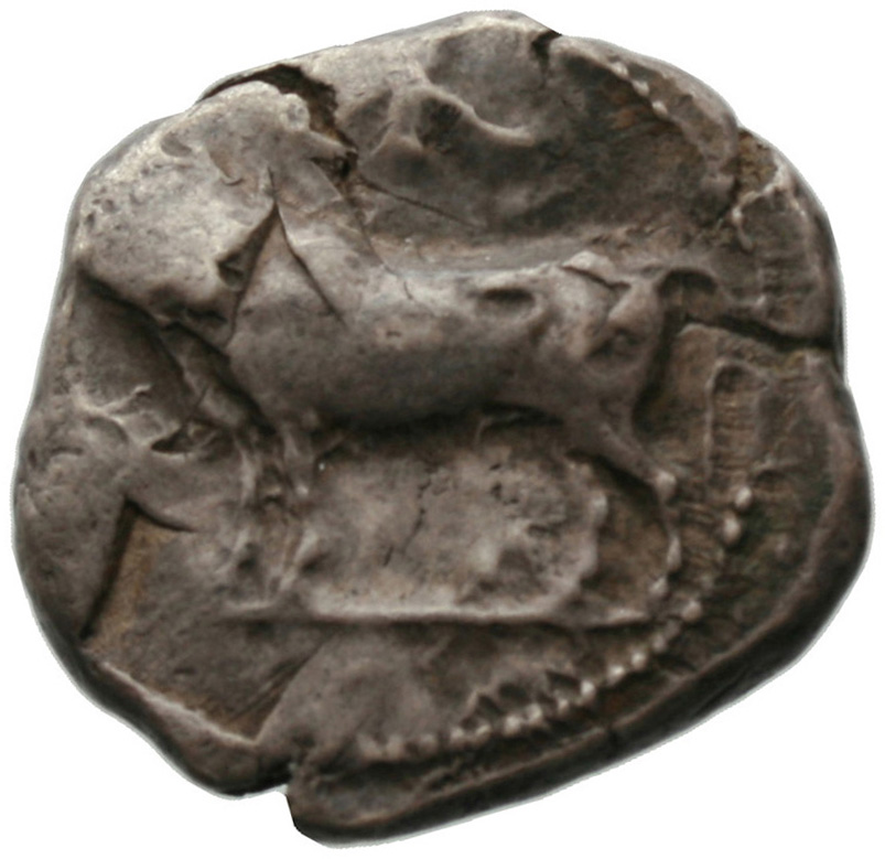 Εμπροσθότυπος 'SilCoinCy A1828, acc.no.: . Silver coin of king Stasandros of Paphos 460 - ?. Weight: 10.97g, Axis: 10h, Diameter: 23mm. Obverse type: Bull standing l. on exergual line. Obverse symbol: -. Obverse legend: - in -. Reverse type: Eagle standing l.; ivy leaf r., one-handled vase l.. Reverse symbol: -. Reverse legend: sa-ta-sa / (pa) si in Cypriot syllabic. 'BMC Cyprus, A Catalogue of the Greek Coins in the British Museum, Cyprus'.
