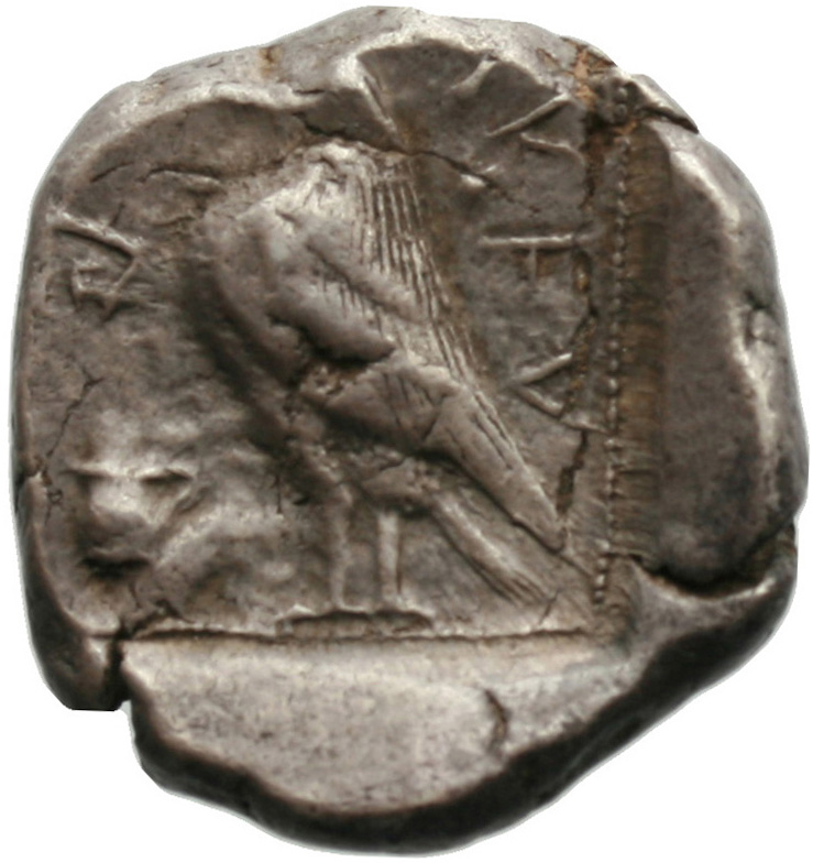 Οπισθότυπος 'SilCoinCy A1828, acc.no.: . Silver coin of king Stasandros of Paphos 460 - ?. Weight: 10.97g, Axis: 10h, Diameter: 23mm. Obverse type: Bull standing l. on exergual line. Obverse symbol: -. Obverse legend: - in -. Reverse type: Eagle standing l.; ivy leaf r., one-handled vase l.. Reverse symbol: -. Reverse legend: sa-ta-sa / (pa) si in Cypriot syllabic. 'BMC Cyprus, A Catalogue of the Greek Coins in the British Museum, Cyprus'.