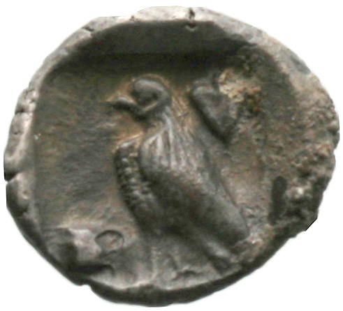 Reverse 'SilCoinCy A1829, acc.no.: . Silver coin of king Stasandros of Paphos 460 - ?. Weight: 1.7g, Axis: 8h, Diameter: 14mm. Obverse type: Bull standing l.. Obverse symbol: -. Obverse legend: - in -. Reverse type: Eagle standing l.; ivy leaf r., one-handled vase l.. Reverse symbol: -. Reverse legend: - in -. 'BMC Cyprus, A Catalogue of the Greek Coins in the British Museum, Cyprus'.
