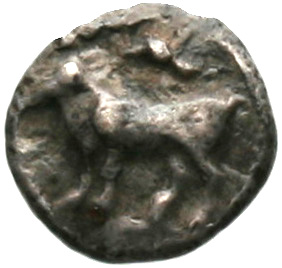 Obverse 'SilCoinCy A1830, acc.no.: . Silver coin of king Stasandros of Paphos 460 - ?. Weight: 0.36g, Axis: 2h, Diameter: 8mm. Obverse type: Bull standing l.; above winged solar disk
. Obverse symbol: -. Obverse legend: - in -. Reverse type: Eagle standing l.; ivy leaf r., one-handled vase l.. Reverse symbol: -. Reverse legend: - in -. 'BMC Cyprus, A Catalogue of the Greek Coins in the British Museum, Cyprus'.