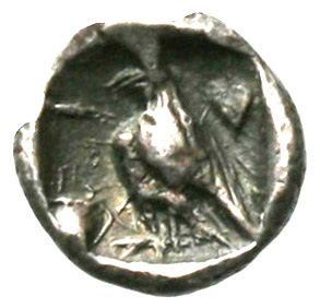Reverse 'SilCoinCy A1830, acc.no.: . Silver coin of king Stasandros of Paphos 460 - ?. Weight: 0.36g, Axis: 2h, Diameter: 8mm. Obverse type: Bull standing l.; above winged solar disk
. Obverse symbol: -. Obverse legend: - in -. Reverse type: Eagle standing l.; ivy leaf r., one-handled vase l.. Reverse symbol: -. Reverse legend: - in -. 'BMC Cyprus, A Catalogue of the Greek Coins in the British Museum, Cyprus'.