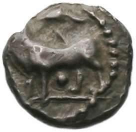 Obverse 'SilCoinCy A1832, acc.no.: . Silver coin of king Stasandros of Paphos 460 - ?. Weight: 0.42g, Axis: 9h, Diameter: 8mm. Obverse type: Bull standing l.; above winged solar disk
. Obverse symbol: -. Obverse legend: - in -. Reverse type: Eagle standing l.; ivy leaf r., one-handled vase l.. Reverse symbol: -. Reverse legend: - in -. 'BMC Cyprus, A Catalogue of the Greek Coins in the British Museum, Cyprus'.