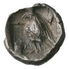 Reverse 'SilCoinCy A1832, acc.no.: . Silver coin of king Stasandros of Paphos 460 - ?. Weight: 0.42g, Axis: 9h, Diameter: 8mm. Obverse type: Bull standing l.; above winged solar disk
. Obverse symbol: -. Obverse legend: - in -. Reverse type: Eagle standing l.; ivy leaf r., one-handled vase l.. Reverse symbol: -. Reverse legend: - in -. 'BMC Cyprus, A Catalogue of the Greek Coins in the British Museum, Cyprus'.