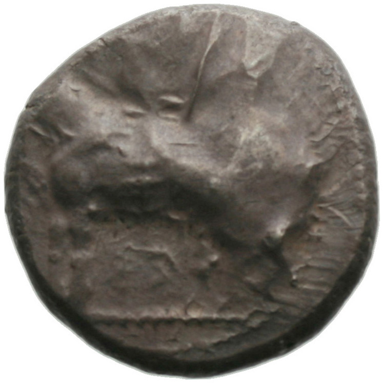 Obverse 'SilCoinCy A1833, acc.no.: . Silver coin of king Stasandros of Paphos 460 - ?. Weight: 11.04g, Axis: 1h, Diameter: 21mm. Obverse type: Bull standing l.; above winged solar disk
. Obverse symbol: -. Obverse legend: - in Cypriot syllabic. Reverse type: Eagle flying l.. Reverse symbol: -. Reverse legend: pa in Cypriot syllabic. 'BMC Cyprus, A Catalogue of the Greek Coins in the British Museum, Cyprus'.