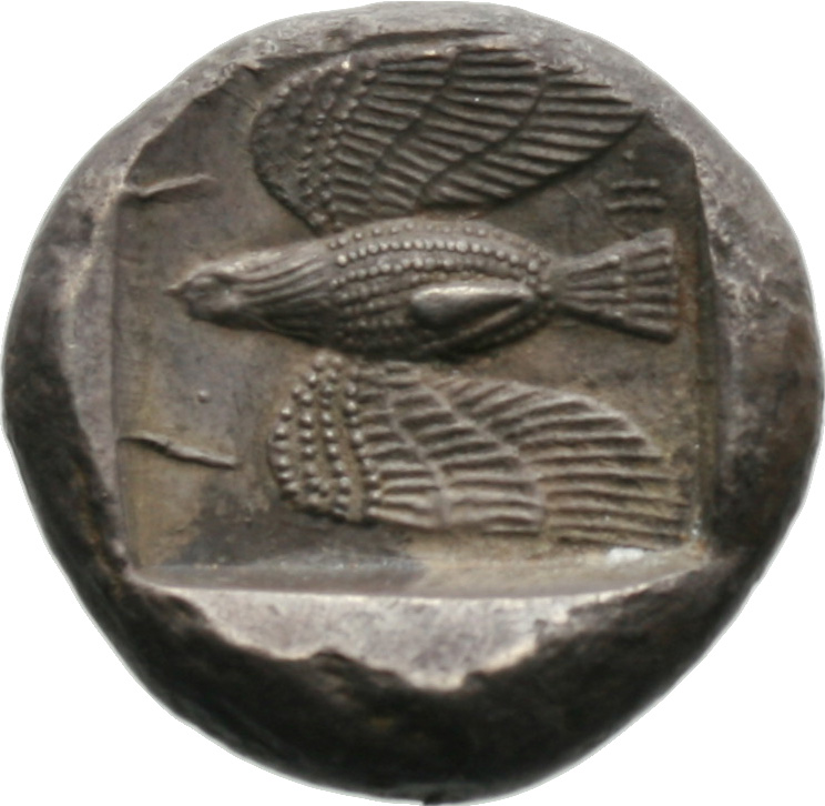 Οπισθότυπος 'SilCoinCy A1833, acc.no.: . Silver coin of king Stasandros of Paphos 460 - ?. Weight: 11.04g, Axis: 1h, Diameter: 21mm. Obverse type: Bull standing l.; above winged solar disk
. Obverse symbol: -. Obverse legend: - in Cypriot syllabic. Reverse type: Eagle flying l.. Reverse symbol: -. Reverse legend: pa in Cypriot syllabic. 'BMC Cyprus, A Catalogue of the Greek Coins in the British Museum, Cyprus'.