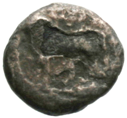 Obverse 'SilCoinCy A1834, acc.no.: . Silver coin of king Uncertain King of Paphos of Paphos 480 - 350 BC. Weight: 1.59g, Axis: 6h, Diameter: 12mm. Obverse type: Bull standing l.; above winged solar disk
. Obverse symbol: -. Obverse legend: - in -. Reverse type: Eagle flying l.. Reverse symbol: -. Reverse legend: - in -. 'BMC Cyprus, A Catalogue of the Greek Coins in the British Museum, Cyprus'.