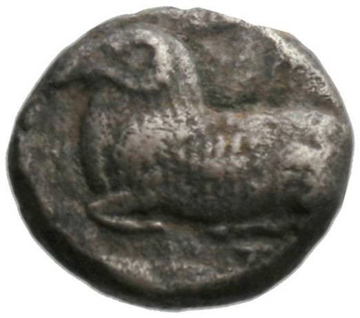 Εμπροσθότυπος 'SilCoinCy A1836, acc.no.: . Silver coin of king Evelthon of Salamis 525 - 500 BC. Weight: 3.47g, Axis: 12h, Diameter: 15mm. Obverse type: Ram recumbent l.. Obverse symbol: -. Obverse legend: e-u-we in Cypriot syllabic. Reverse type: Smooth. Reverse symbol: -. Reverse legend: - in -. 'BMC Cyprus, A Catalogue of the Greek Coins in the British Museum, Cyprus'.