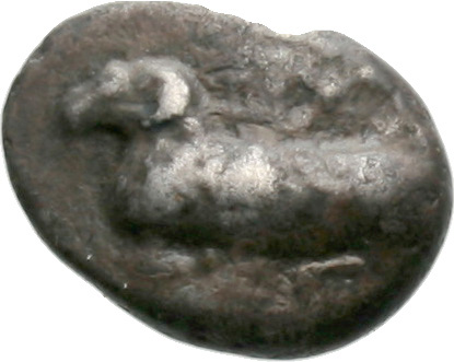 Obverse 'SilCoinCy A1837, acc.no.: . Silver coin of king Evelthon of Salamis 525 - 500 BC. Weight: 1.64g, Axis: 12h, Diameter: 12mm. Obverse type: Ram recumbent l.. Obverse symbol: -. Obverse legend: - in Cypriot syllabic. Reverse type: Smooth. Reverse symbol: -. Reverse legend: - in -. 'BMC Cyprus, A Catalogue of the Greek Coins in the British Museum, Cyprus'.