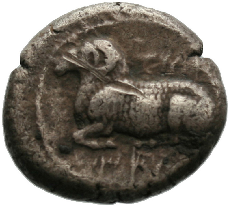 Obverse 'SilCoinCy A1840, acc.no.: . Silver coin of king Evelthon's successors of Salamis 500 - 478 BC. Weight: 10.88g, Axis: 6h, Diameter: 23mm. Obverse type: Ram recumbent l.. Obverse symbol: -. Obverse legend: e-u-we-le-to-to in Cypriot syllabic. Reverse type: Ankh in incuse square. Reverse symbol: -. Reverse legend: - in -.