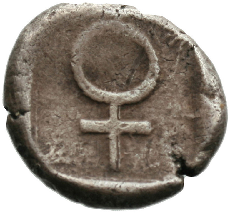 Οπισθότυπος 'SilCoinCy A1840, acc.no.: . Silver coin of king Evelthon's successors of Salamis 500 - 478 BC. Weight: 10.88g, Axis: 6h, Diameter: 23mm. Obverse type: Ram recumbent l.. Obverse symbol: -. Obverse legend: e-u-we-le-to-to in Cypriot syllabic. Reverse type: Ankh in incuse square. Reverse symbol: -. Reverse legend: - in -.