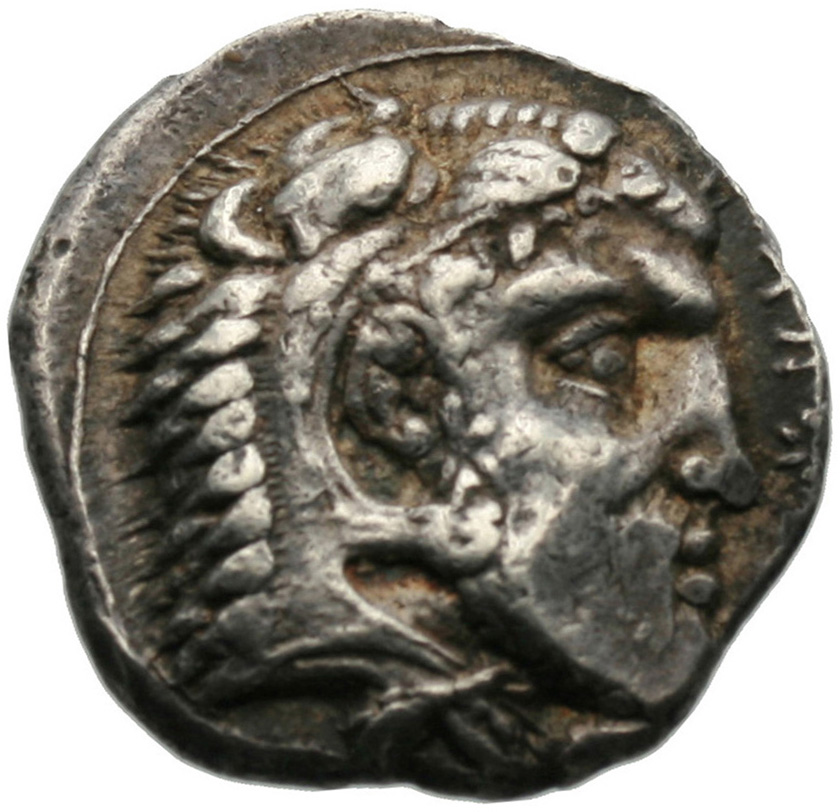 Obverse 'SilCoinCy A1841, acc.no.: . Silver coin of king Evagoras I of Salamis 411 - 374 BC. Weight: 11.08g, Axis: 10h, Diameter: 24mm. Obverse type: Heracles head r. bearded with lion skin . Obverse symbol: -. Obverse legend: - in Cypriot syllabic. Reverse type: . Reverse symbol: 16. Reverse legend: pa-si-le-wo-se / EY / a in Cypriot syllabic + Greek.