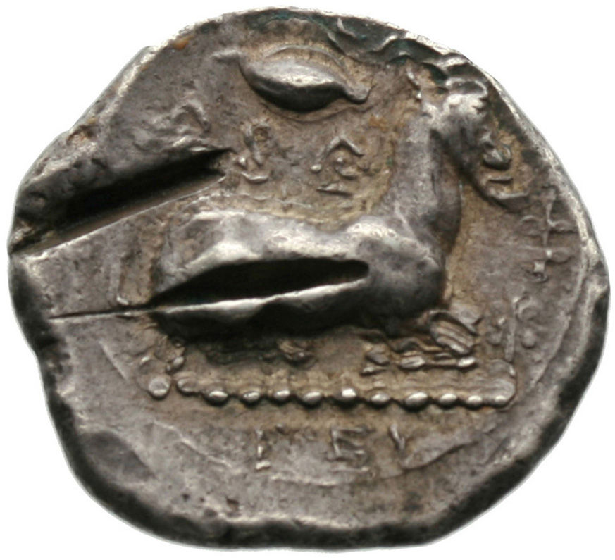 Reverse 'SilCoinCy A1841, acc.no.: . Silver coin of king Evagoras I of Salamis 411 - 374 BC. Weight: 11.08g, Axis: 10h, Diameter: 24mm. Obverse type: Heracles head r. bearded with lion skin . Obverse symbol: -. Obverse legend: - in Cypriot syllabic. Reverse type: . Reverse symbol: 16. Reverse legend: pa-si-le-wo-se / EY / a in Cypriot syllabic + Greek.