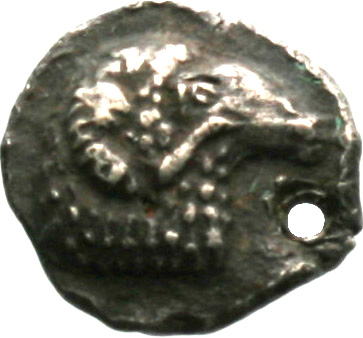 Obverse 'SilCoinCy A1843, acc.no.: . Silver coin of king Evelthon's successors of Salamis 500 - 478 BC. Weight: 0.93g, Axis: 1h, Diameter: 10mm. Obverse type: Ram’s head r. . Obverse symbol: -. Obverse legend: - in -. Reverse type: Ankh. Reverse symbol: -. Reverse legend: ku in Cypriot syllabic.