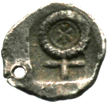 Reverse 'SilCoinCy A1843, acc.no.: . Silver coin of king Evelthon's successors of Salamis 500 - 478 BC. Weight: 0.93g, Axis: 1h, Diameter: 10mm. Obverse type: Ram’s head r. . Obverse symbol: -. Obverse legend: - in -. Reverse type: Ankh. Reverse symbol: -. Reverse legend: ku in Cypriot syllabic.