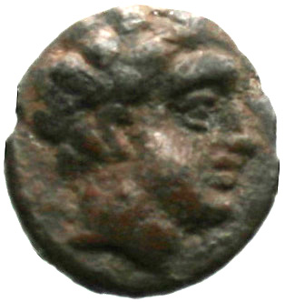 Obverse 'SilCoinCy A1851, acc.no.: . Silver coin of king Evagoras I ? of Salamis 391 - 386 BC. Weight: 0.55g, Axis: -, Diameter: 9mm. Obverse type: Male head youthful r.. Obverse symbol: -. Obverse legend: - in -. Reverse type: Wheel of four spokes. Reverse symbol: -. Reverse legend: - in -.