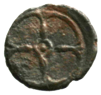 Reverse 'SilCoinCy A1851, acc.no.: . Silver coin of king Evagoras I ? of Salamis 391 - 386 BC. Weight: 0.55g, Axis: -, Diameter: 9mm. Obverse type: Male head youthful r.. Obverse symbol: -. Obverse legend: - in -. Reverse type: Wheel of four spokes. Reverse symbol: -. Reverse legend: - in -.