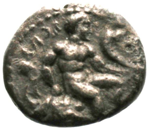Εμπροσθότυπος 'SilCoinCy A1854, acc.no.: . Silver coin of king Evagoras I of Salamis 411 - 374 BC. Weight: 3.09g, Axis: 7h, Diameter: 16mm. Obverse type: Heracles seated r. on rock holding club and corn of abondance. Obverse symbol: -. Obverse legend: e-u-wa in Cypriot syllabic. Reverse type: Ram lying r.. Reverse symbol: -. Reverse legend: pa-si-le-wo in Cypriot syllabic.