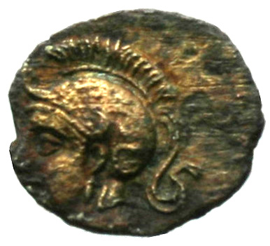 Obverse 'SilCoinCy A1857, acc.no.: . Silver coin of king Evagoras II of Salamis 361 - 351 BC. Weight: 0.32g, Axis: 3h, Diameter: 11mm. Obverse type: Athena head l. with attic helmet. Obverse symbol: -. Obverse legend: - in -. Reverse type: Star of eight rays. Reverse symbol: -. Reverse legend: - in -.