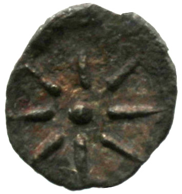 Οπισθότυπος 'SilCoinCy A1857, acc.no.: . Silver coin of king Evagoras II of Salamis 361 - 351 BC. Weight: 0.32g, Axis: 3h, Diameter: 11mm. Obverse type: Athena head l. with attic helmet. Obverse symbol: -. Obverse legend: - in -. Reverse type: Star of eight rays. Reverse symbol: -. Reverse legend: - in -.