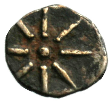 Οπισθότυπος 'SilCoinCy A1858, acc.no.: . Silver coin of king Evagoras II of Salamis 361 - 351 BC. Weight: 0.53g, Axis: -, Diameter: 10mm. Obverse type: Athena head l. with attic helmet. Obverse symbol: -. Obverse legend: - in -. Reverse type: Star of eight rays. Reverse symbol: -. Reverse legend: - in -.