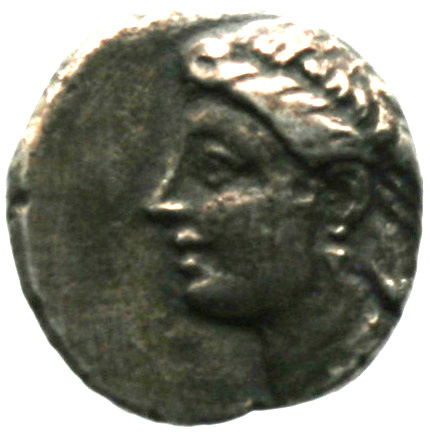 Obverse 'SilCoinCy A1863, acc.no.: . Silver coin of king Pnytagoras of Salamis 351 - 332 BC. Weight: 2g, Axis: 12h, Diameter: 13mm. Obverse type: Aphrodite head l.. Obverse symbol: -. Obverse legend: - in -. Reverse type: Artemis head r. . Reverse symbol: -. Reverse legend: BA in Greek.