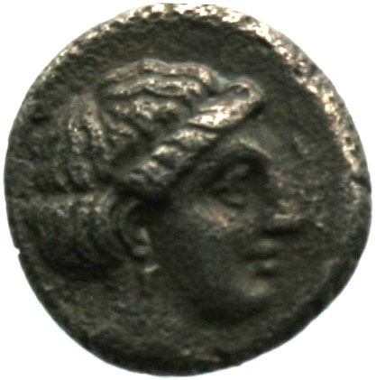 Reverse 'SilCoinCy A1864, acc.no.: . Silver coin of king Pnytagoras of Salamis 351 - 332 BC. Weight: 2.09g, Axis: 10h, Diameter: 12mm. Obverse type: Aphrodite head l.. Obverse symbol: -. Obverse legend: Π in Greek. Reverse type: Artemis head r. . Reverse symbol: -. Reverse legend: - in -.