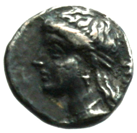 Obverse 'SilCoinCy A1866, acc.no.: . Silver coin of king Pnytagoras of Salamis 351 - 332 BC. Weight: 2.33g, Axis: 5h, Diameter: 13mm. Obverse type: Aphrodite head l.. Obverse symbol: -. Obverse legend: ΠΝ in Greek. Reverse type: Artemis head r. . Reverse symbol: -. Reverse legend: BA in Greek.