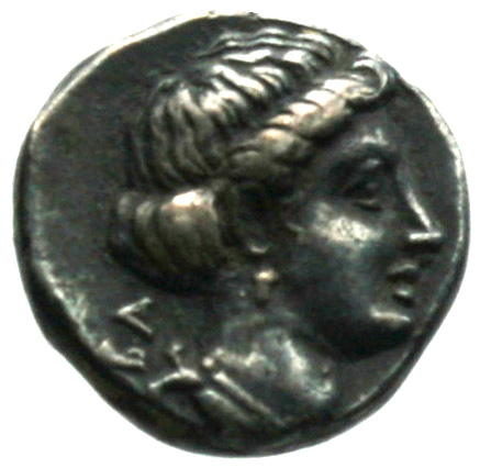 Reverse 'SilCoinCy A1866, acc.no.: . Silver coin of king Pnytagoras of Salamis 351 - 332 BC. Weight: 2.33g, Axis: 5h, Diameter: 13mm. Obverse type: Aphrodite head l.. Obverse symbol: -. Obverse legend: ΠΝ in Greek. Reverse type: Artemis head r. . Reverse symbol: -. Reverse legend: BA in Greek.