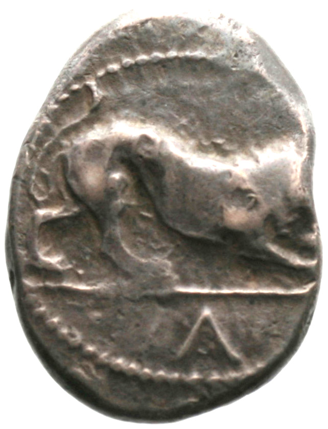 Obverse 'SilCoinCy A1900, acc.no.: . Silver coin of king Uncertain king of Cyprus (archaic period) of Uncertain Cypriot mint  - . Weight: 10.75g, Axis: 8h, Diameter: 24mm. Obverse type: -. Obverse symbol: -. Obverse legend: ko in Cypriot syllabic. Reverse type: -. Reverse symbol: -. Reverse legend: ko in Cypriot syllabic.