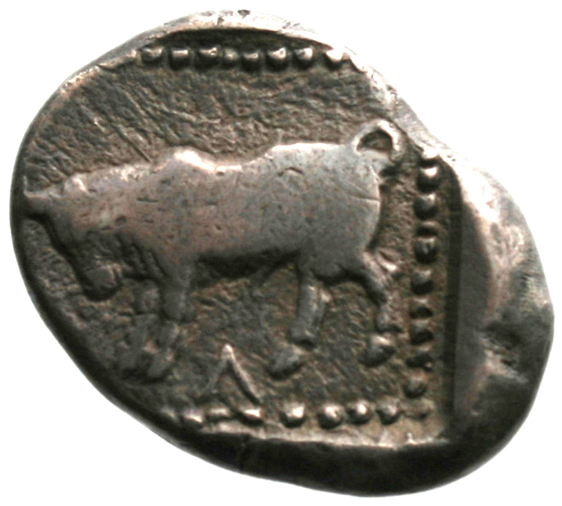 Οπισθότυπος 'SilCoinCy A1900, acc.no.: . Silver coin of king Uncertain king of Cyprus (archaic period) of Uncertain Cypriot mint  - . Weight: 10.75g, Axis: 8h, Diameter: 24mm. Obverse type: -. Obverse symbol: -. Obverse legend: ko in Cypriot syllabic. Reverse type: -. Reverse symbol: -. Reverse legend: ko in Cypriot syllabic.