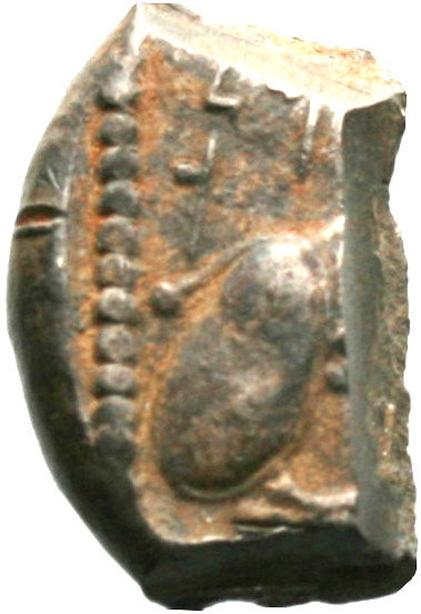 Reverse 'SilCoinCy A1924, acc.no.: . Silver coin of king Baalmilk I of Kition 475 - 450 BC. Weight: 3.82g, Axis: 6h, Diameter: 16mm. Obverse type: Heracles advancing r. holding club and bow. Obverse symbol: -. Obverse legend: - in -. Reverse type: Lion seated r., ram’s head on it’s feet. Reverse symbol: -. Reverse legend: mlk in Phoenician.