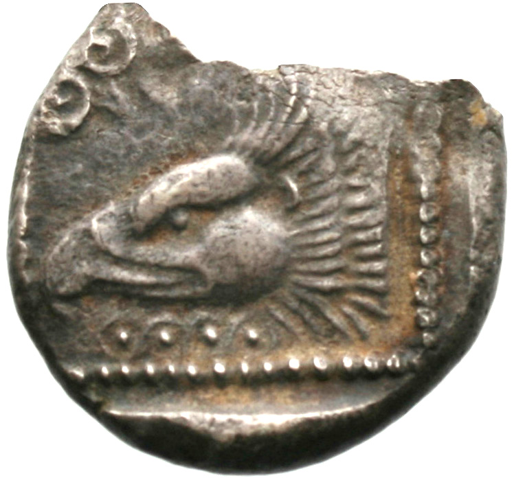 Reverse 'SilCoinCy A1932, acc.no.: . Silver coin of king Onasi(-) of Paphos . Weight: 8.47g, Axis: 1h, Diameter: 22mm. Obverse type: Bull standing l.. Obverse symbol: -. Obverse legend: - in -. Reverse type: Eagle’s head l. in incuse square; below, guilloche pattern. Reverse symbol: -. Reverse legend: - in -.